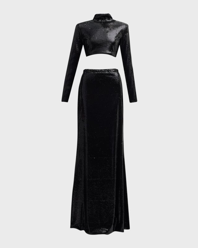 Two-Piece Mock-Neck Long-Sleeve Sequined Gown