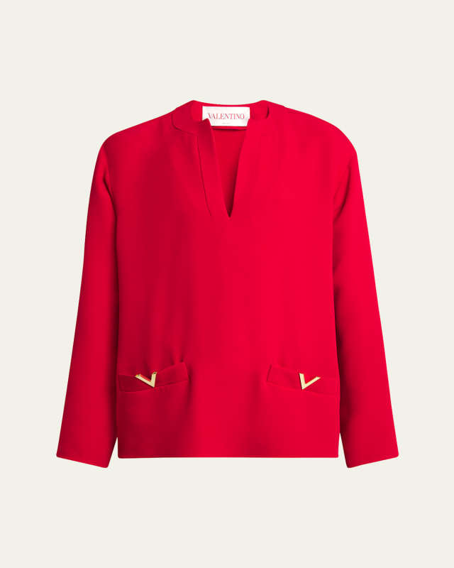 V-Neck Oversized Silk Top with Logo Hardware