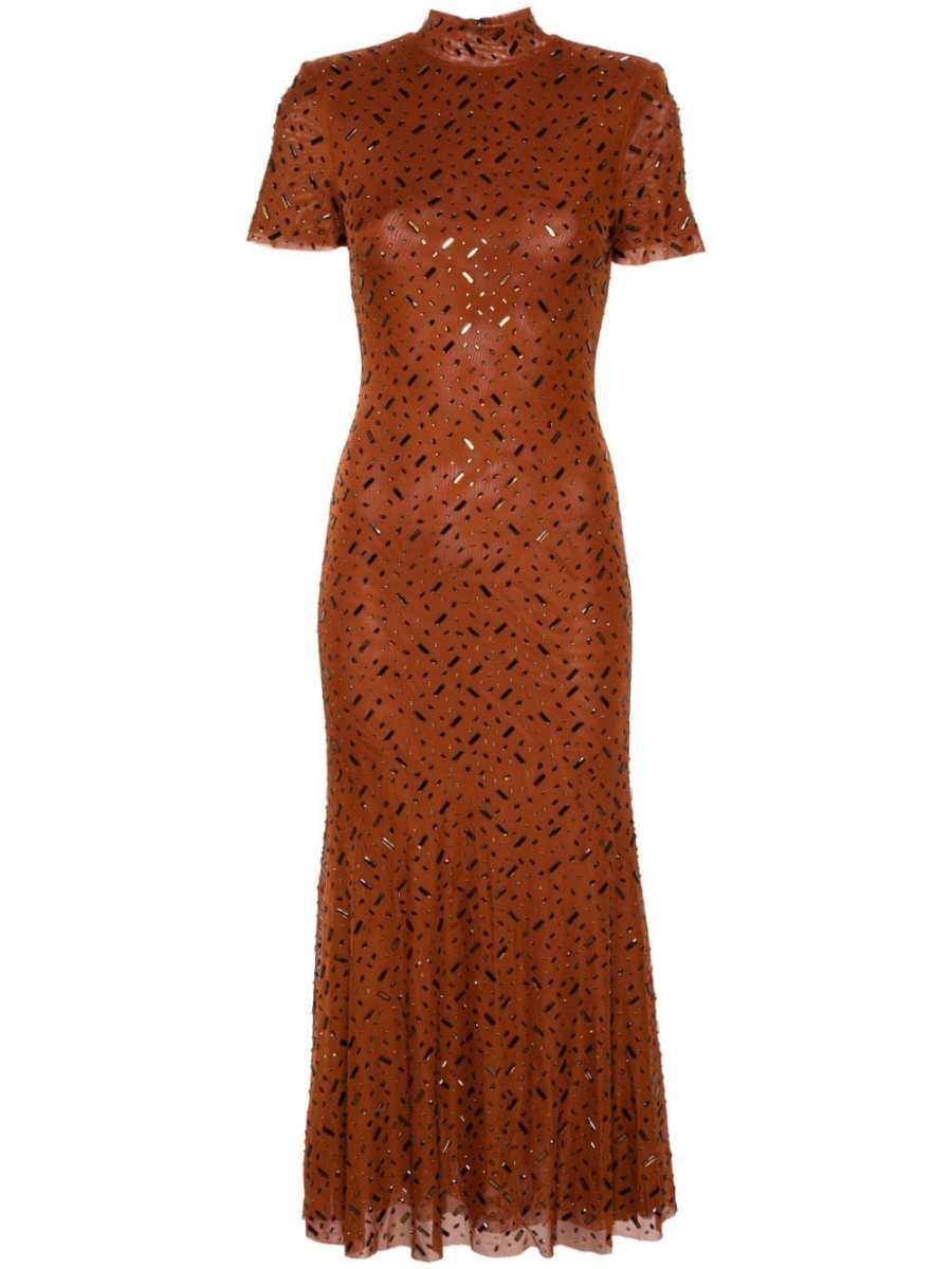 rhinestone mesh midi dress
