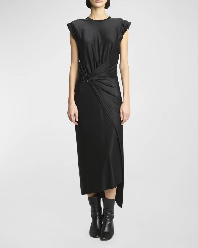 Asymmetric Short-Sleeve Midi Wrap Dress