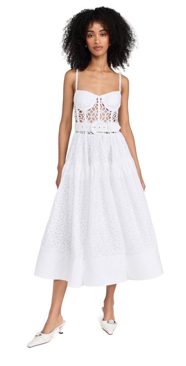 Sergio Hudson Bustier Belted Eyelet Dress with Crinoline White