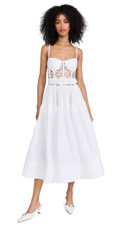 Sergio Hudson Bustier Belted Eyelet Dress with Crinoline White