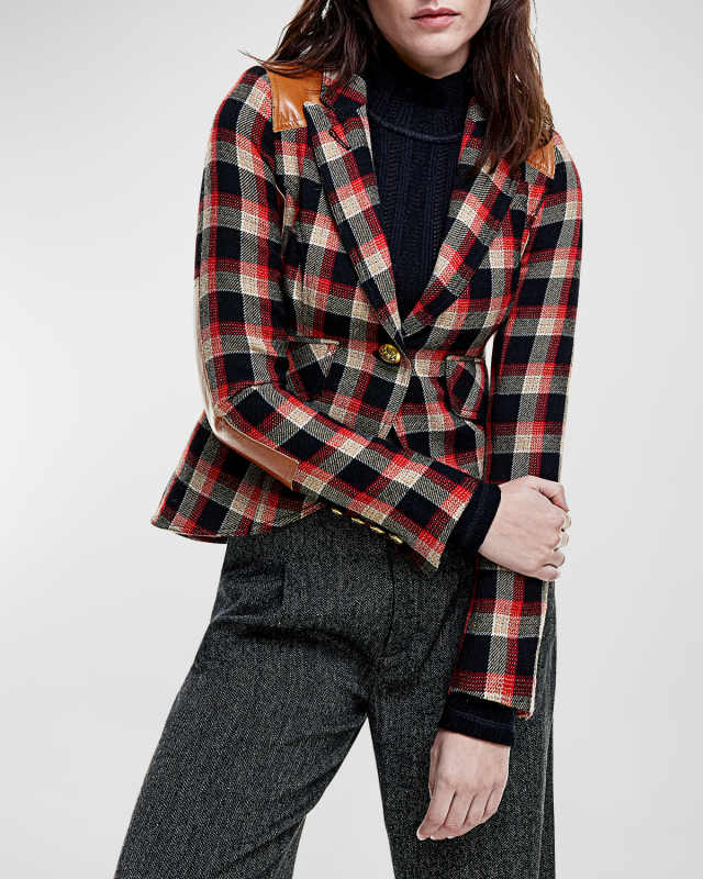 Plaid Check Single-Breasted Wool Blazer