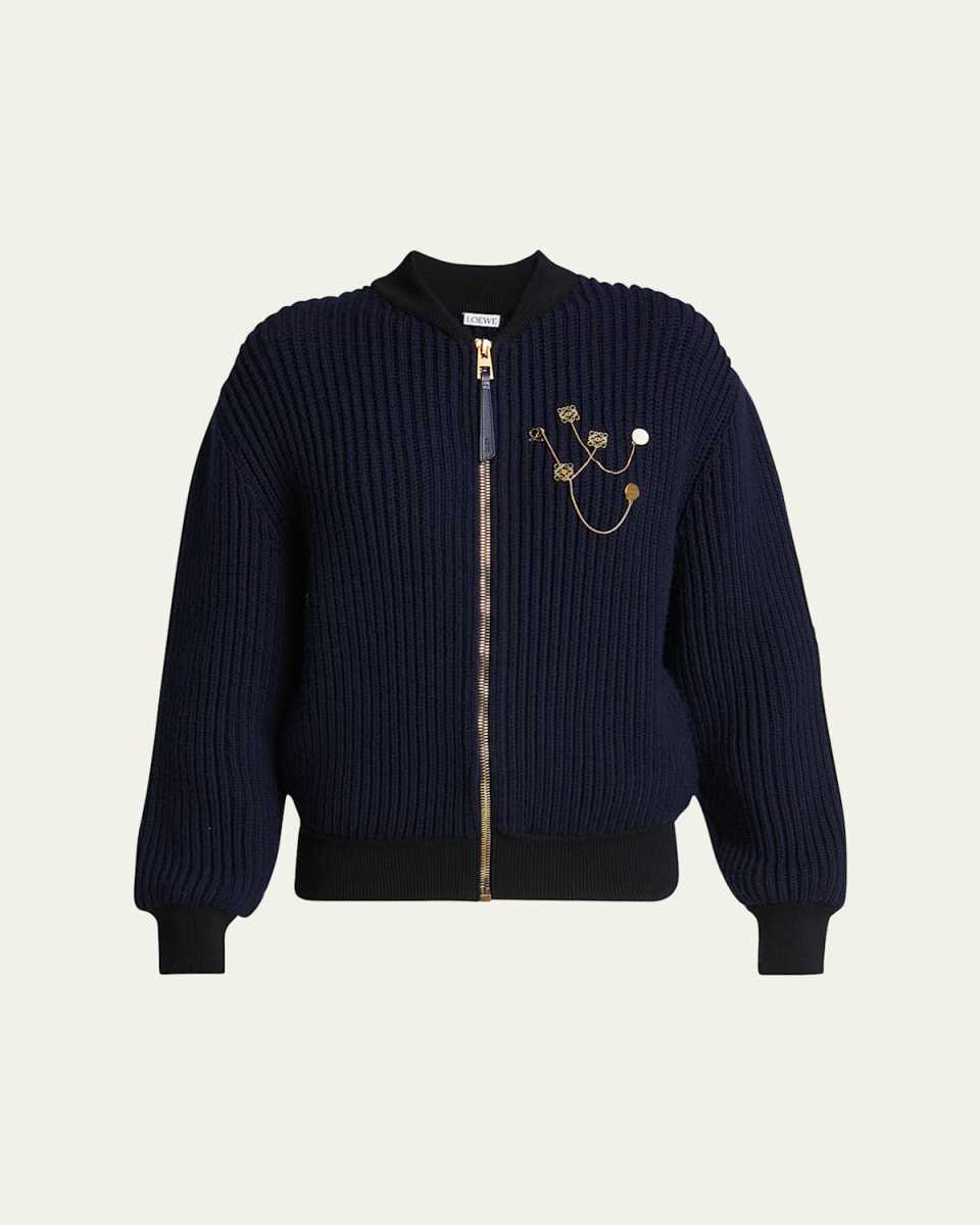 Logo Pin Ribbed Zip Wool Cardigan