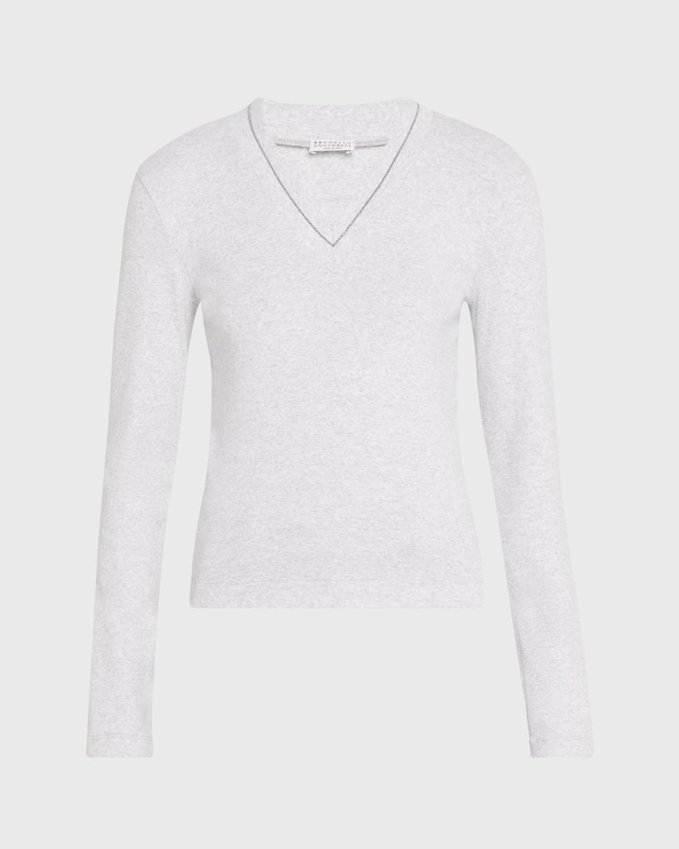 Cotton Ribbed Knit Top with Monili Detai