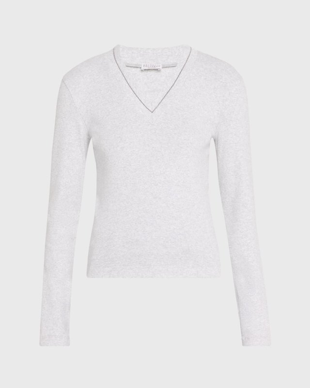 Cotton Ribbed Knit Top with Monili Detai