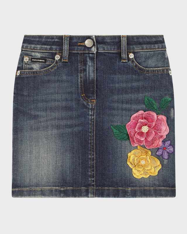 Girl's Denim Skirt W/ Floral Patch, Size 4-6