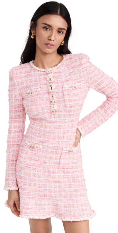 Self Portrait Pink Check Knit Mini Dress Pink