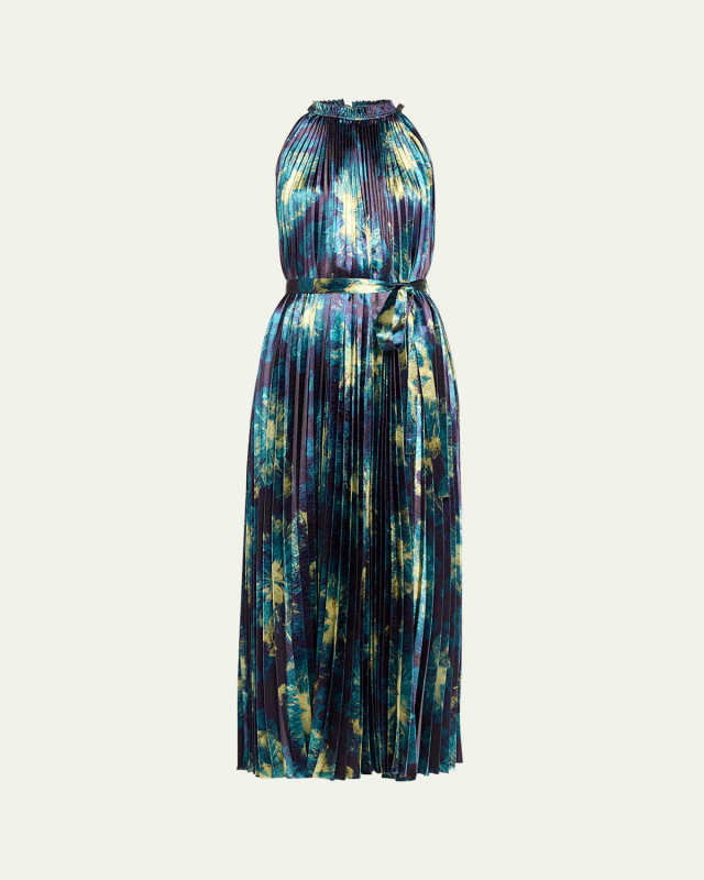 Amiko Pleated High-Neck Midi Dress