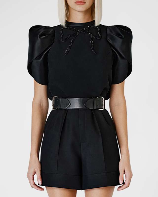 Crystal Bow Satin Puff-Sleeve Shirt