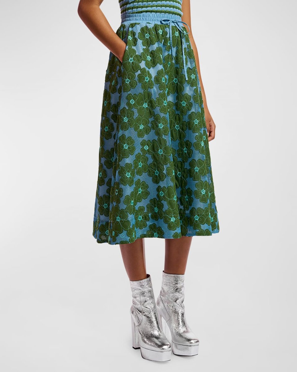 Feast Two-Tone Floral Embroidered Midi Skirt