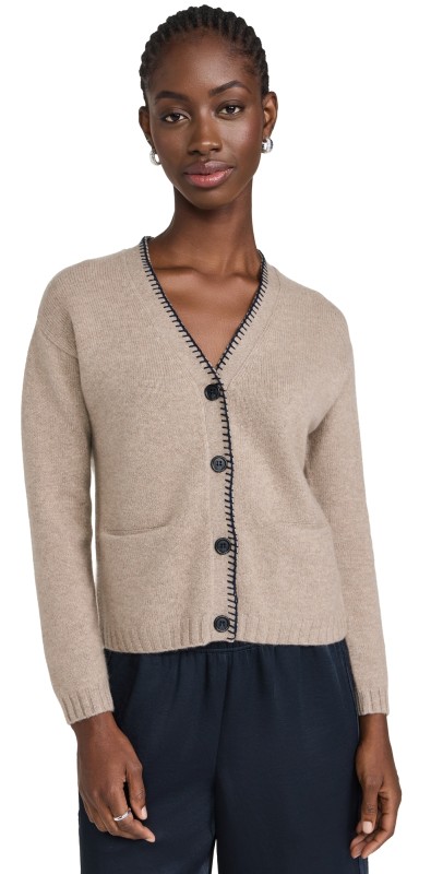 Jumper 1234 Blanket Stitch Cashmere Cardigan Light Brown Navy
