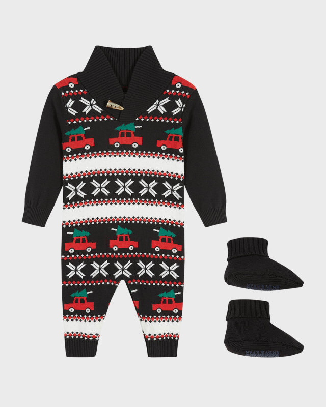Girl's Vintage Cars Jacquard Sweater Romper, Size Newbor
