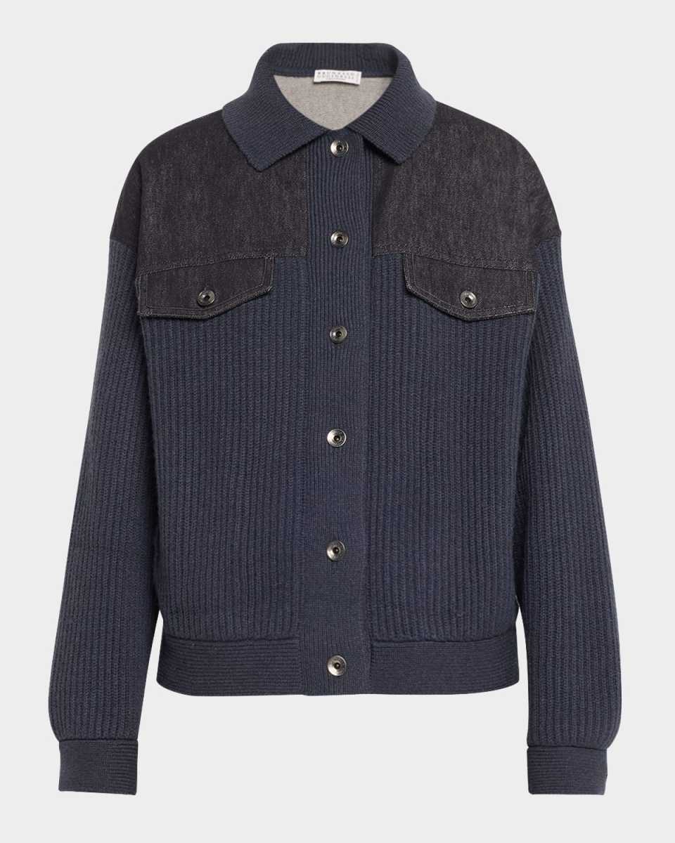 Mixed-Media Denim And Cashmere Knit Jacket