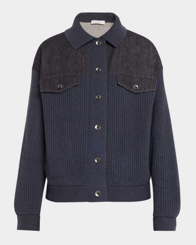 Mixed-Media Denim And Cashmere Knit Jacket