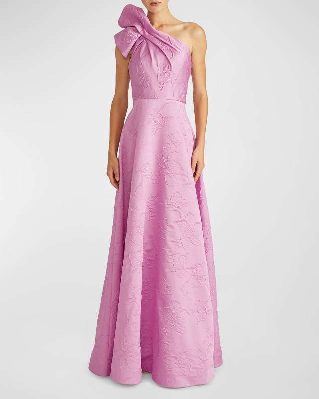 Amira One-Shoulder Floral Jacquard Ruffle Gown