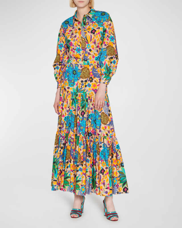 Big Flower-Print Tiered Maxi Skirt