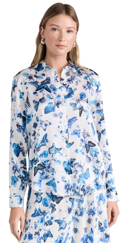 L'AGENCE Tyler Long Sleeve Blouse Wht/Bl Tnl Butterflies