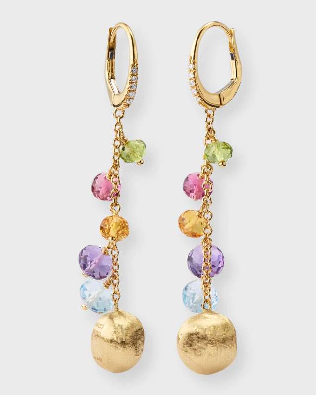 18K Yellow Gold Africa Long Earrings with Mixed Gems