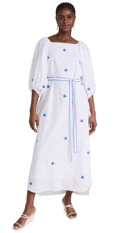 Fanm Mon Nilufer Dress WHITE WITH BLUE DOTS