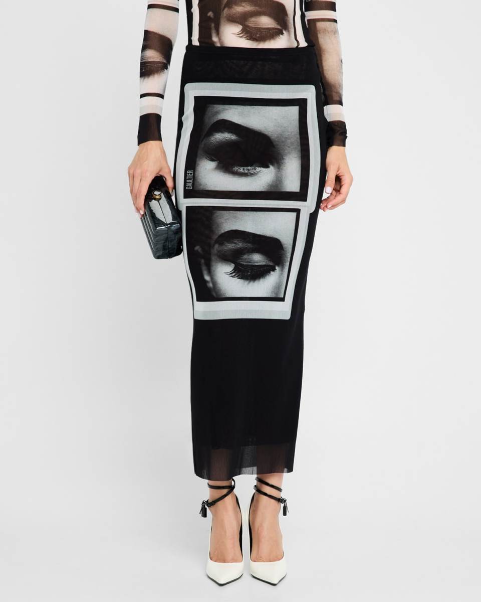 Eyes And Lips Print Mesh Maxi Skirt