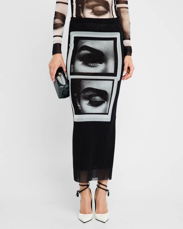 Eyes And Lips Print Mesh Maxi Skirt