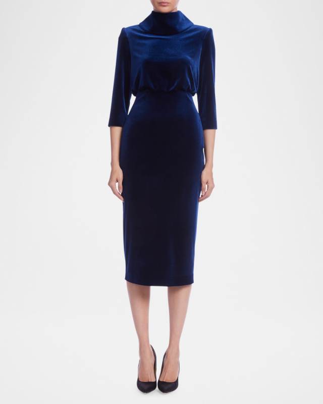 High-Neck Velvet Midi Sheath Dress