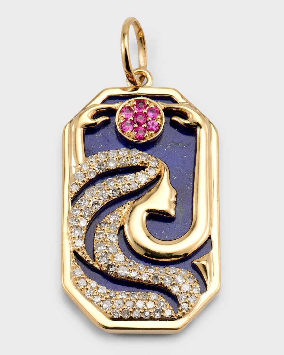 14K Yellow Gold Moon Goddess Pendant with Lapis, Diamonds and Rubies