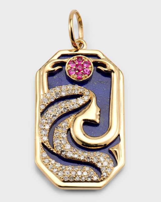14K Yellow Gold Moon Goddess Pendant with Lapis, Diamonds and Rubies