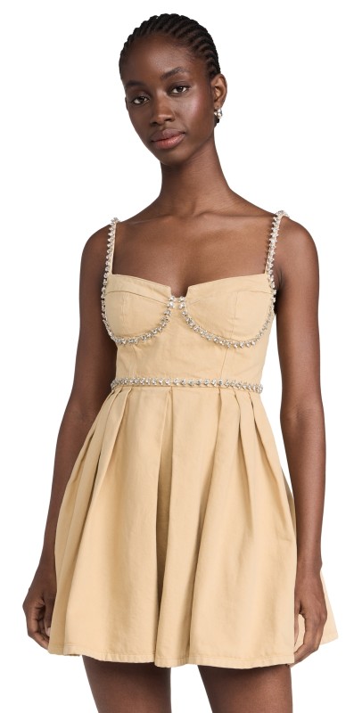 Self Portrait Beige Diamante Denim Mini Dress Beige