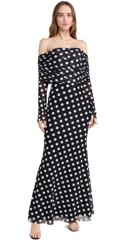 AFRM Thelma Off the Shoulder Marrowed Edge Maxi Dress Diagonal Dot