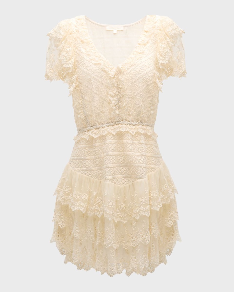 Cerilo Tiered Ruffle Embroidered Lace Mini Dress