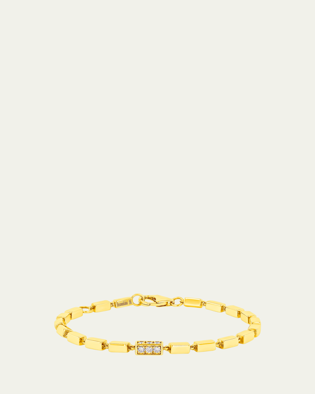 18K Yellow Gold Block Chain Thick Bracelet with Pave Diamond Rectangle Link