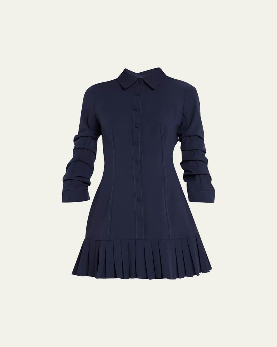 Lucilla Topstitched Pleated-Hem Mini Shirtdress