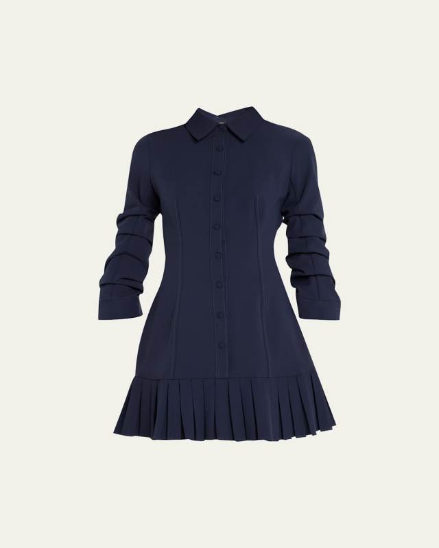 Lucilla Topstitched Pleated-Hem Mini Shirtdress