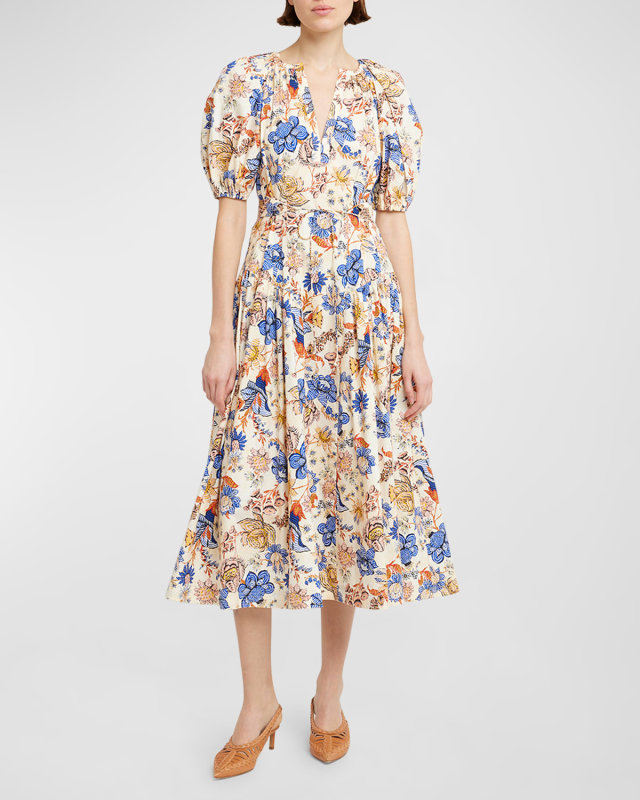 Carina Floral Cotton Poplin Puff-Sleeve Midi Dress