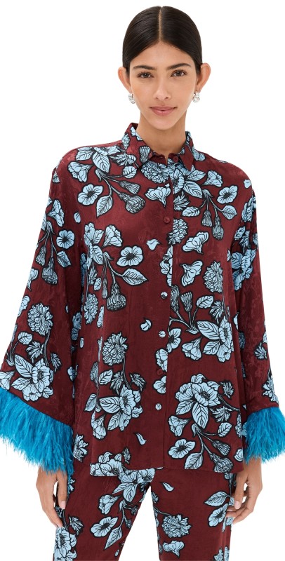 Borgo de Nor Nesse Top With Feathers Glass Flower Burgundy/Blue