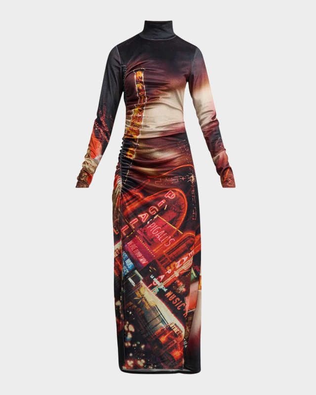 Pigalle-Print Gathered Velvet Maxi Dress