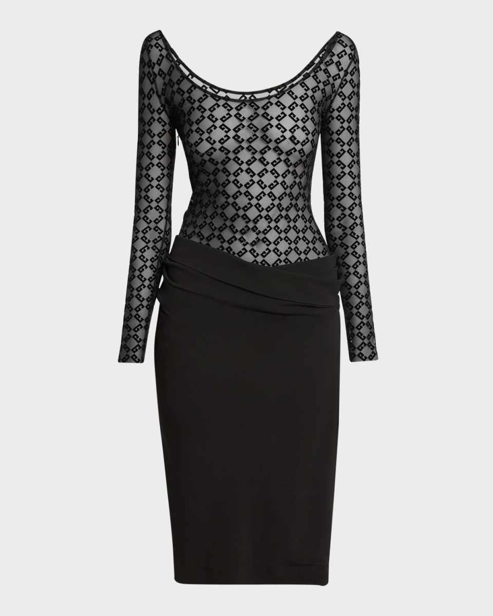 Monogram Mesh Long-Sleeve Draped Midi Dress