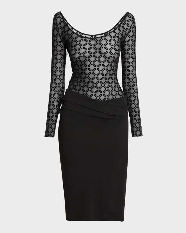 Monogram Mesh Long-Sleeve Draped Midi Dress