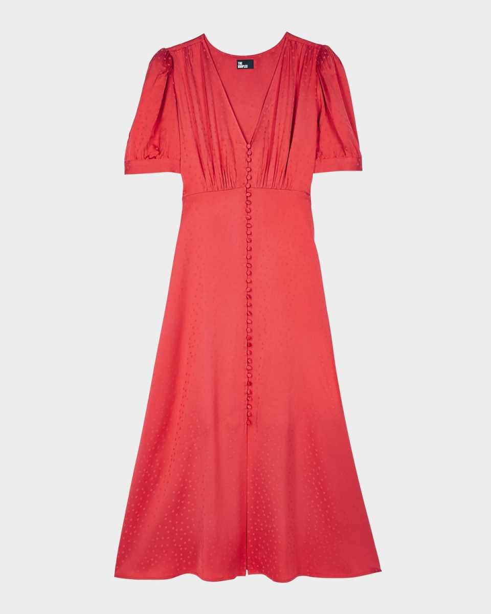 Buttoned Puff-Sleeve Midi Dress