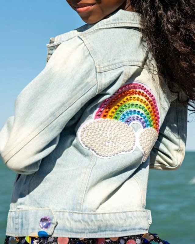 Girl's Rainbow Pearl Denim Jacket, Size 2-14