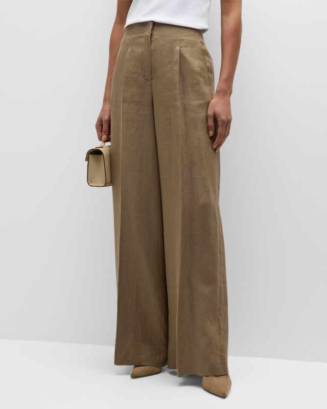 Pleated High-Rise Wide-Leg Linen Pants