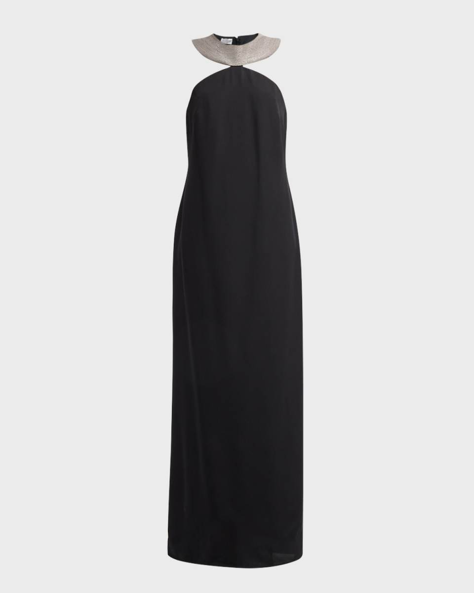 Monili-Collar Lightweight Silk Long Column Dress