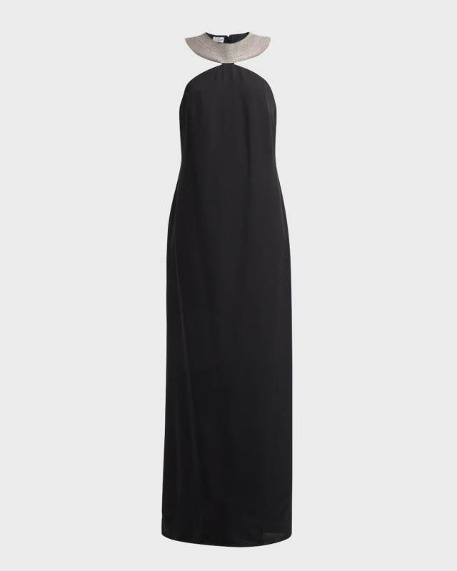 Monili-Collar Lightweight Silk Long Column Dress