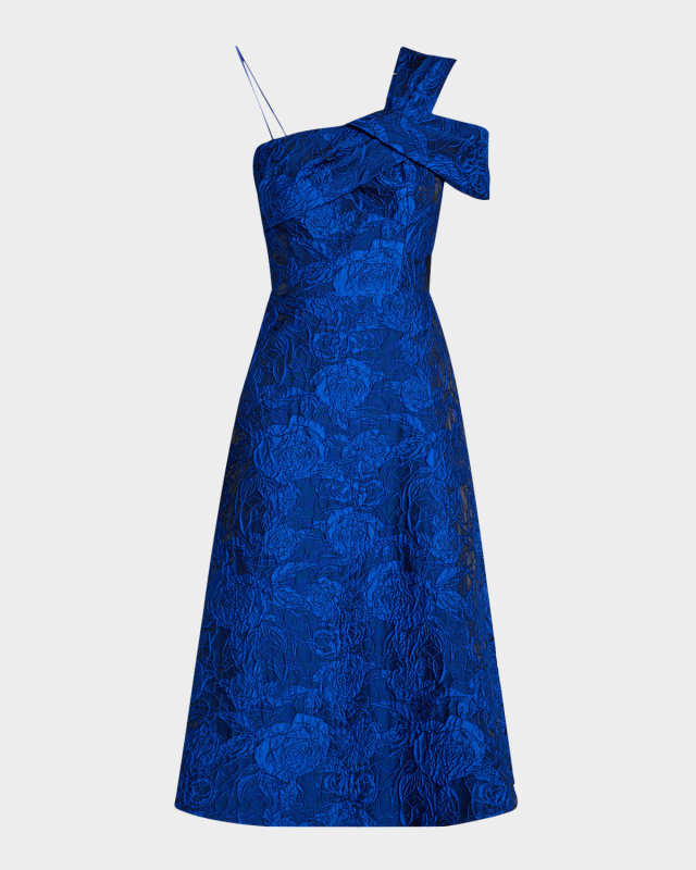 One-Shoulder Floral Jacquard Midi Dress