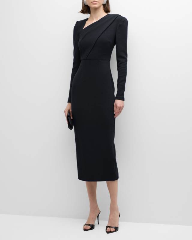 V-Neck Long-Sleeve Wool Crepe Midi Dress