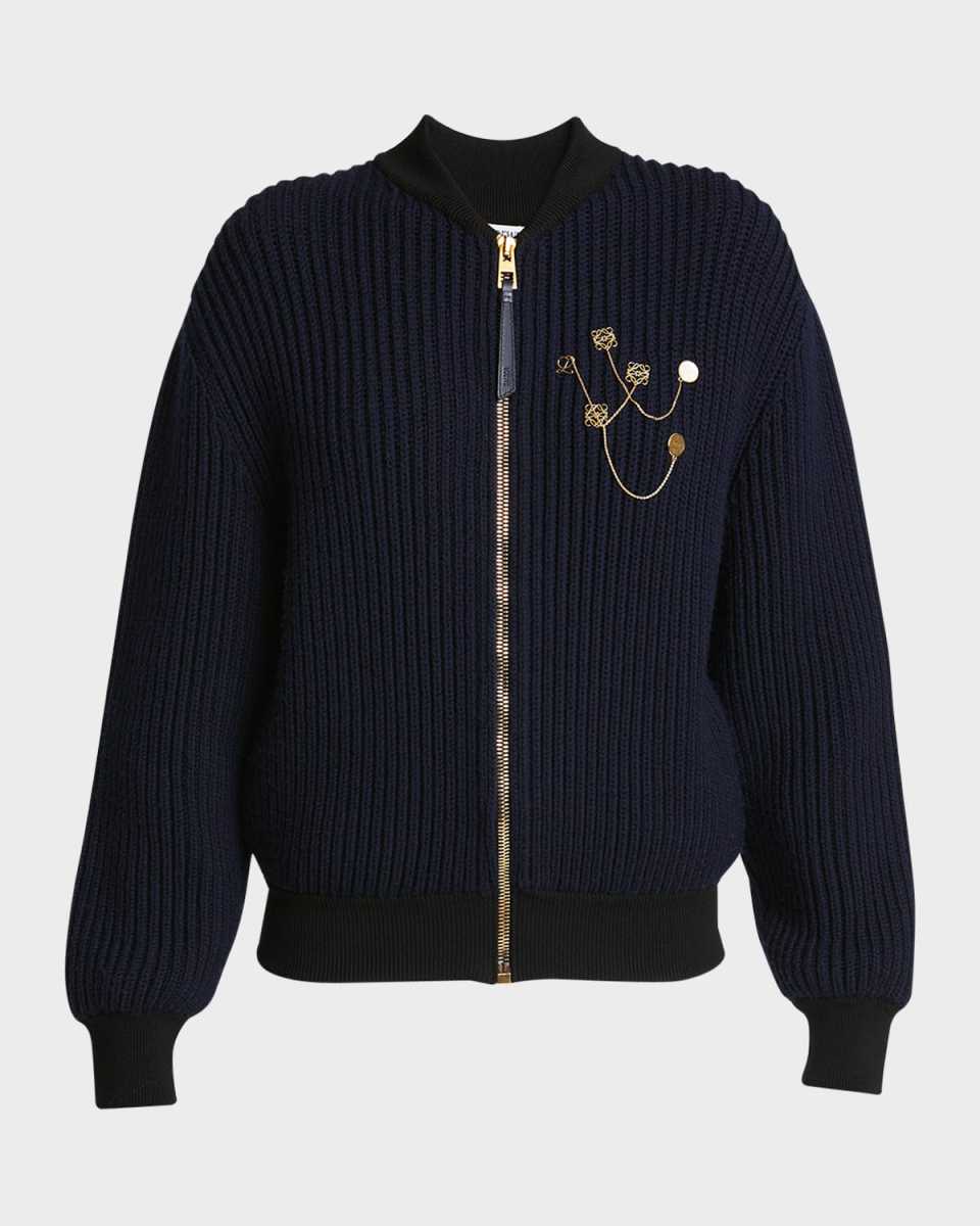 Logo Pin Ribbed Zip Wool Cardigan