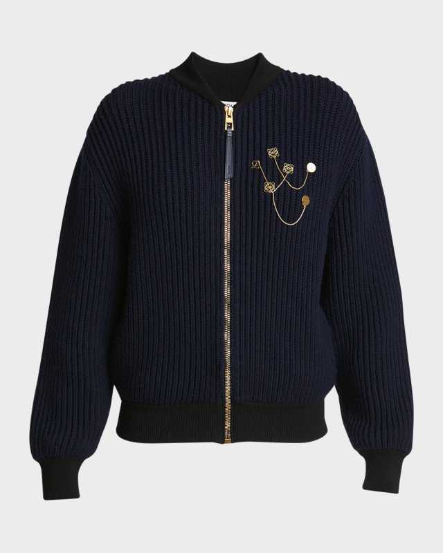 Logo Pin Ribbed Zip Wool Cardigan