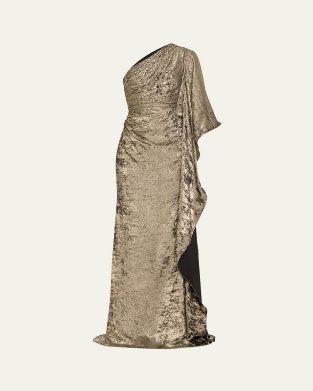 Draped One-Shoulder Foiled Gown